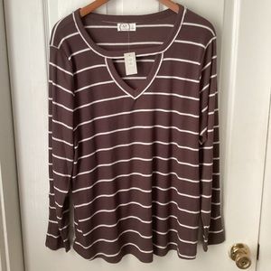 MAURICES: light brown or greige color with white stripe Henley style top size 1X